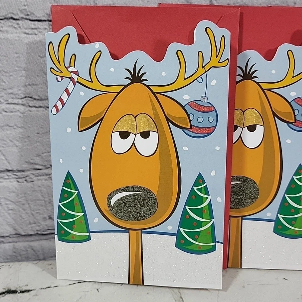 Sweet Seasons Greeting Christmas Cards Lot Of 3 Matching Reindeer Glitter
